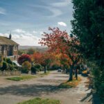 A quiet residential street lined with detached houses and autumn trees in shades of red and orange, with rolling hills visible in the background.