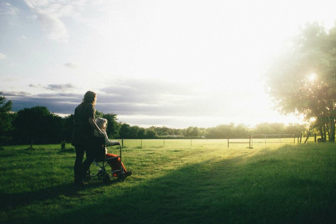A carer pushing an elderly person in a wheelchair through a sunlit park